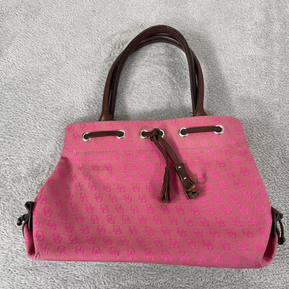 Dooney & Bourke Tote Bag Womens Pink Monogram Canvas Leather Tassel Y2K